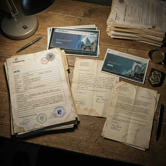 Fallakte mit Polizeiberichten, Fotos und Beweismitteln auf einem Ermittlungstisch