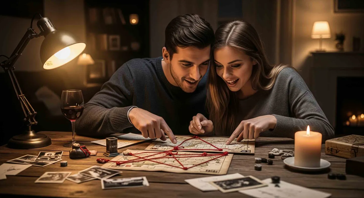 Paar spielt ein SUSPECTO Krimispiel zuhause als Date Night
