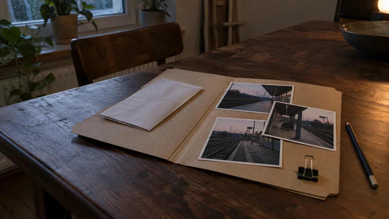 Geöffnete Akte mit Fotoabzügen und Bleistift auf einem Holztisch