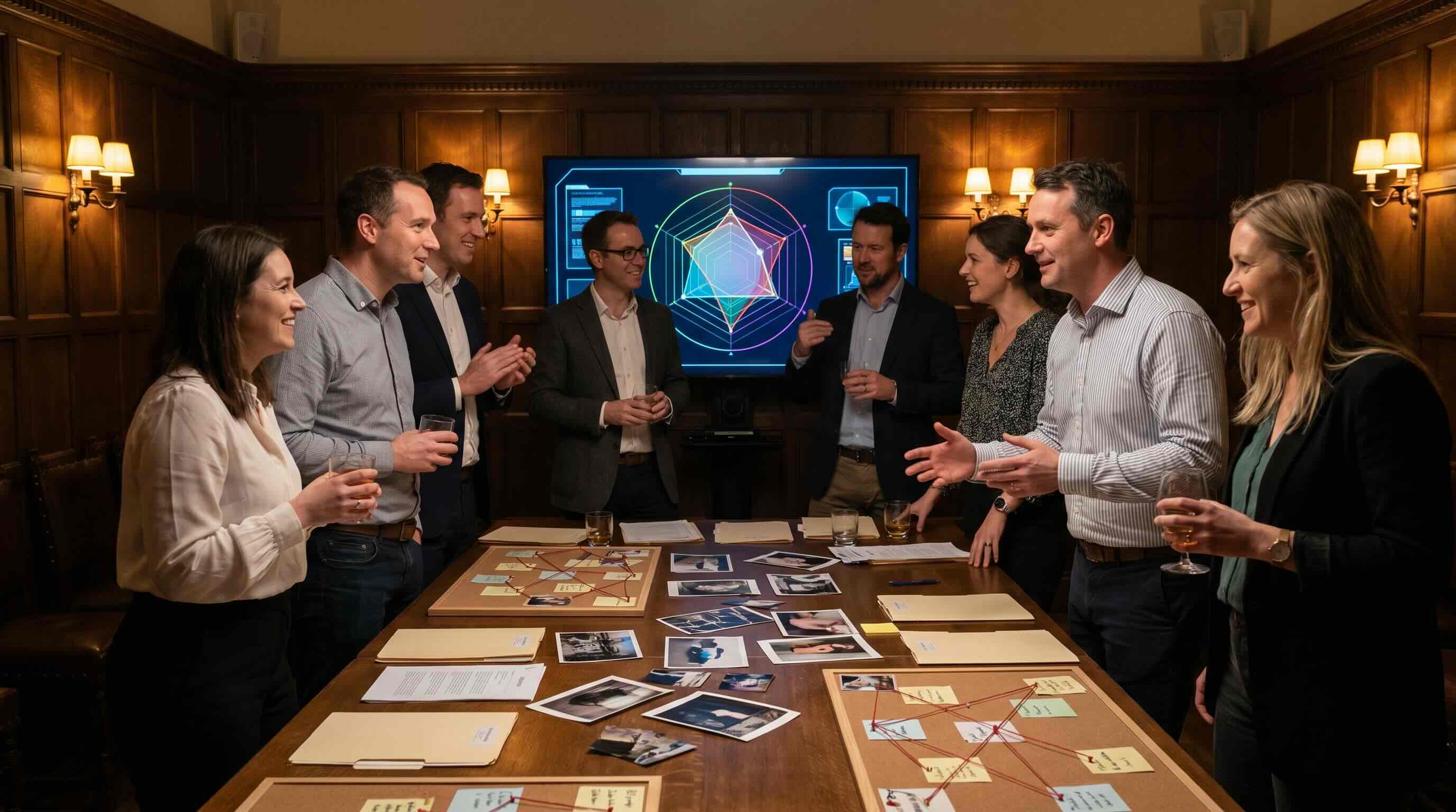Finale Auswertung eines Suspecto Krimispiels beim Junggesellenabschied mit Team-Ergebnis