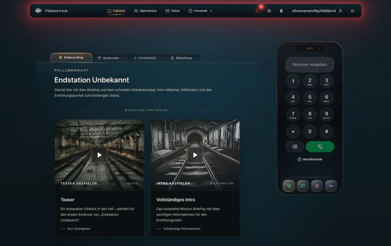 MissionHub mit Hauptnavigation, Fallübersicht und Smartphone