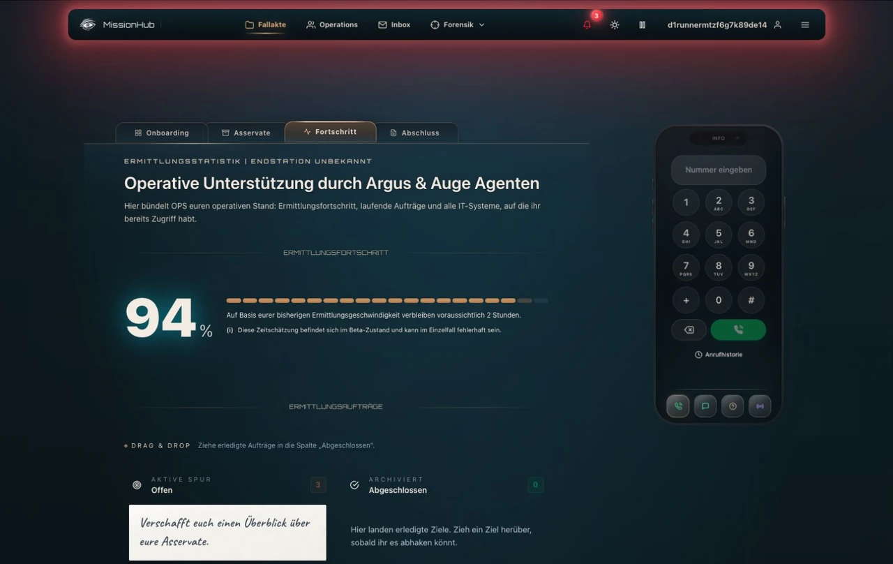 MissionHub mit Hauptnavigation und geöffnetem Fortschritt-Reiter