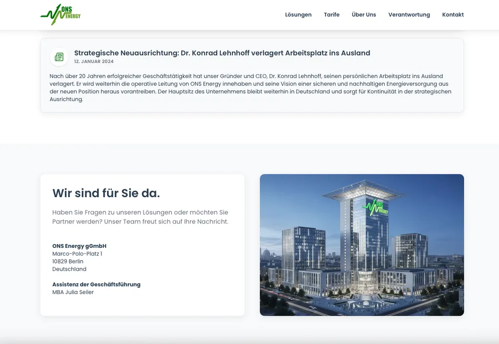 Originalansicht der fiktiven Firmenwebseite ONS Energy